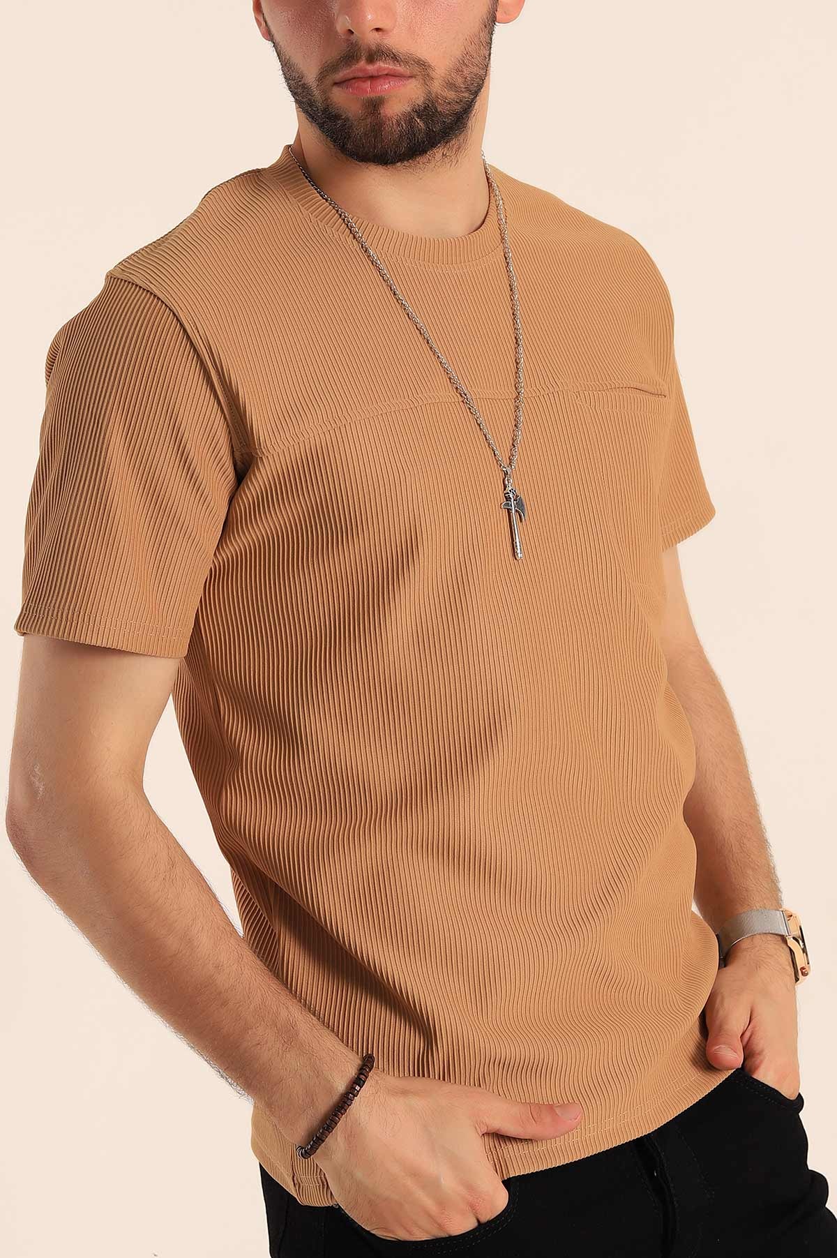 Bej Slim Fit Fitilli Doku Cepli Erkek Tişört 190184
