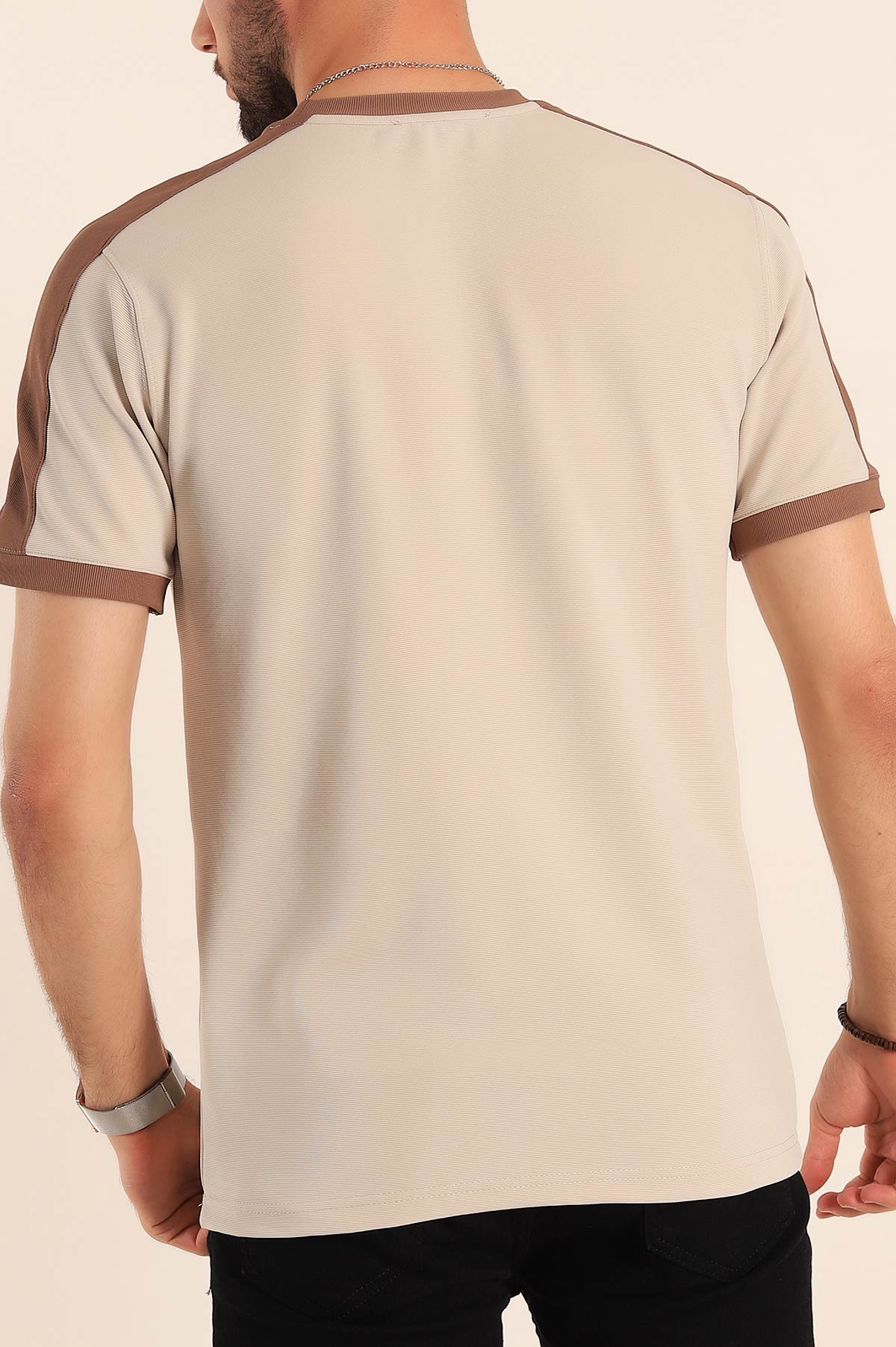 Bej Slim Fit Kabartma Yazılı Erkek Tişört 190217