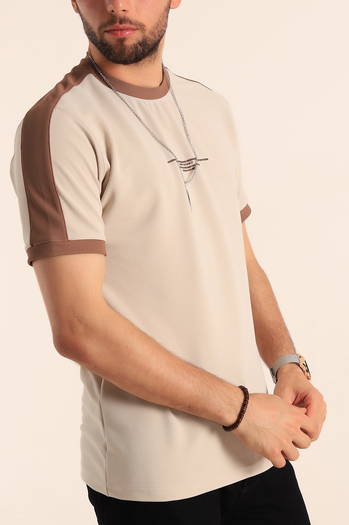 Bej Slim Fit Kabartma Yazılı Erkek Tişört 190217