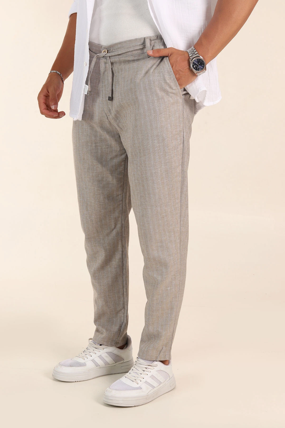 Bej Slim Fit Kırçıllı Kumaş Bel Lastikli Erkek Jogger Pantolon 380955