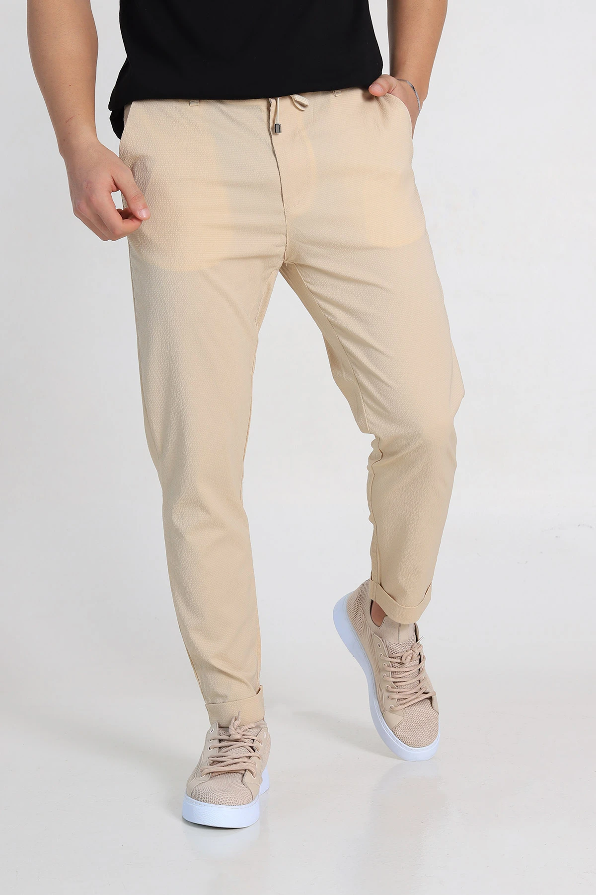 Bej Slim Fit Likralı Paraşüt Kumaş Duble Paça Erkek Jogger Pantolon 247817