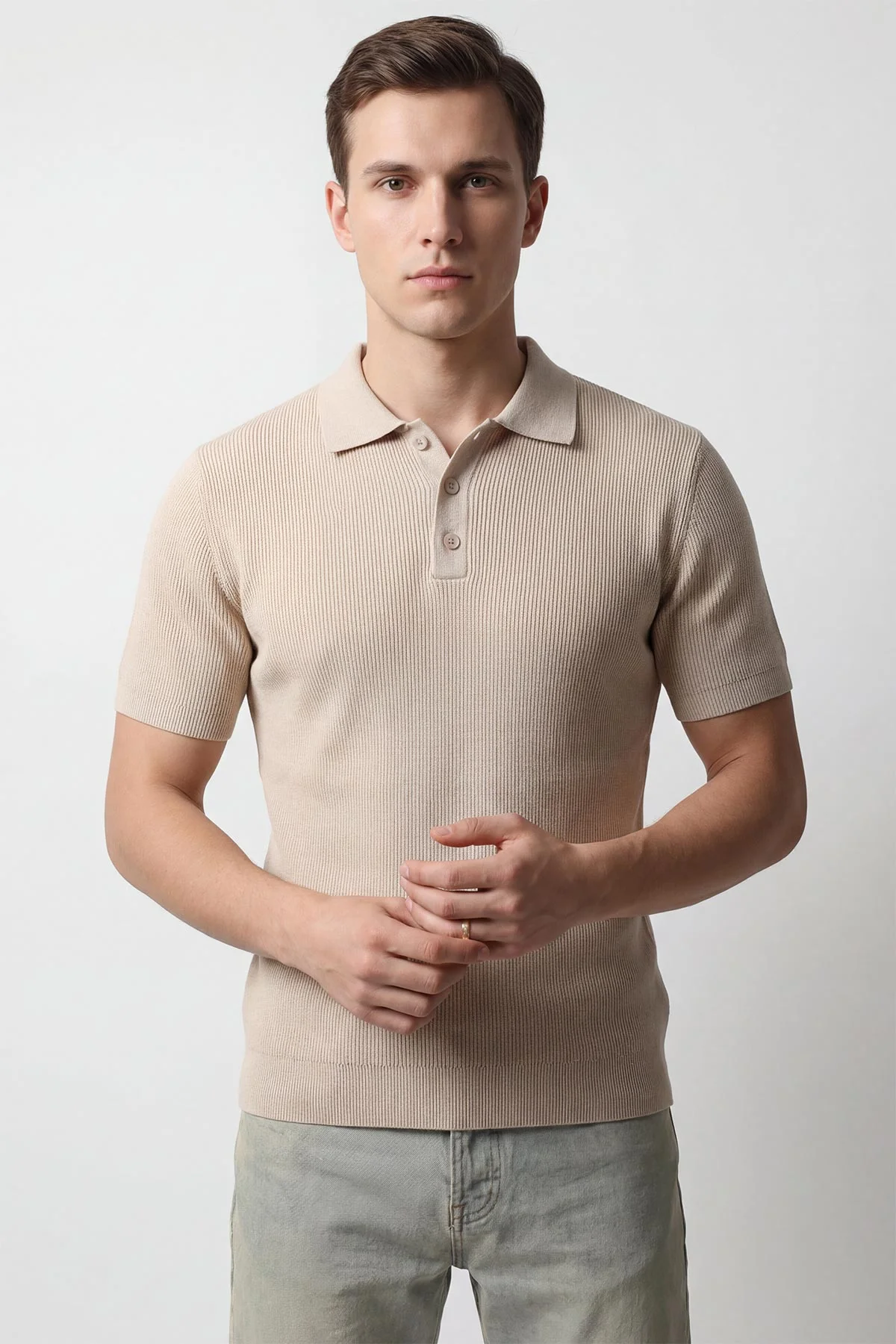 Bej Slim Fit Polo Yaka Triko Erkek Tişört 449050