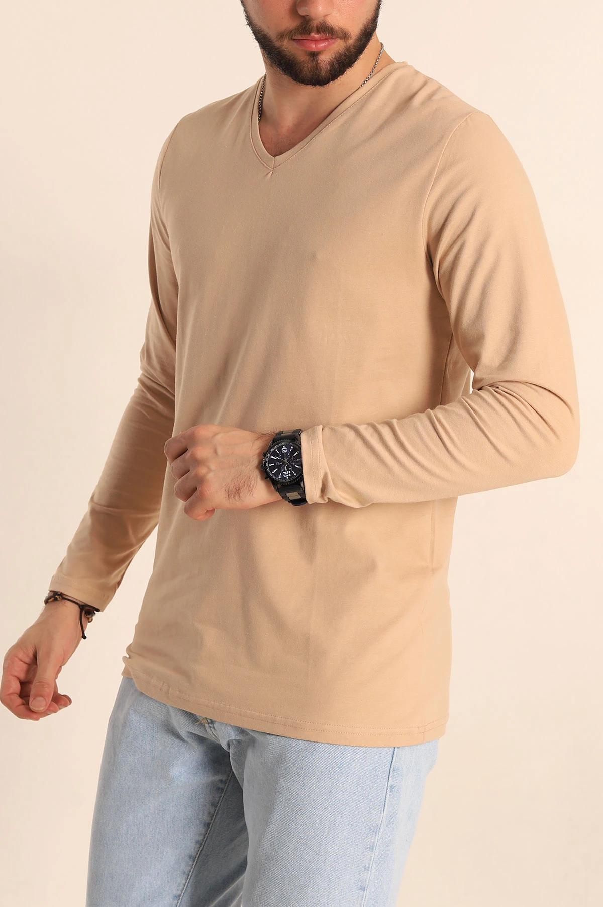 Bej Slim Fit V Yaka Likralı Basic Erkek Sweatshirt 234986