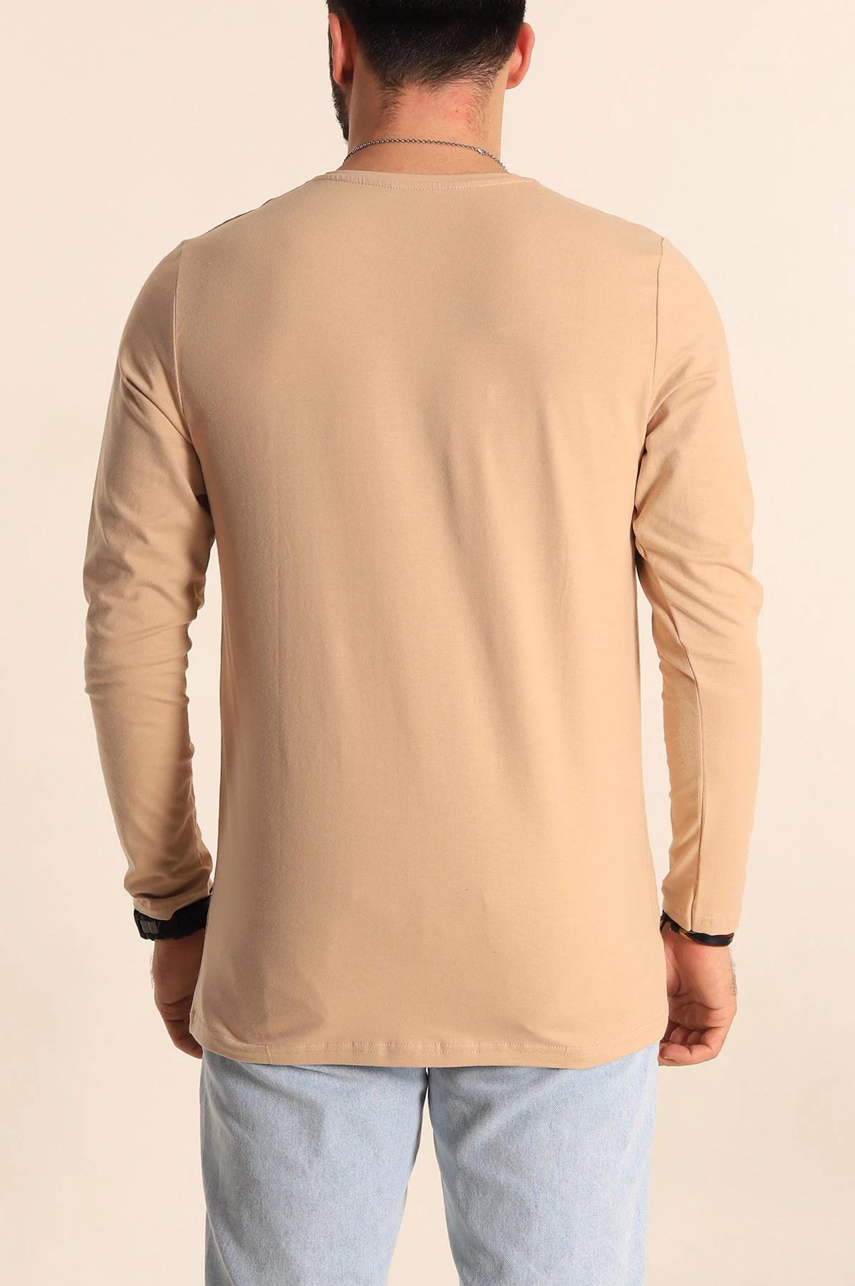 Bej Slim Fit V Yaka Likralı Basic Erkek Sweatshirt 234986