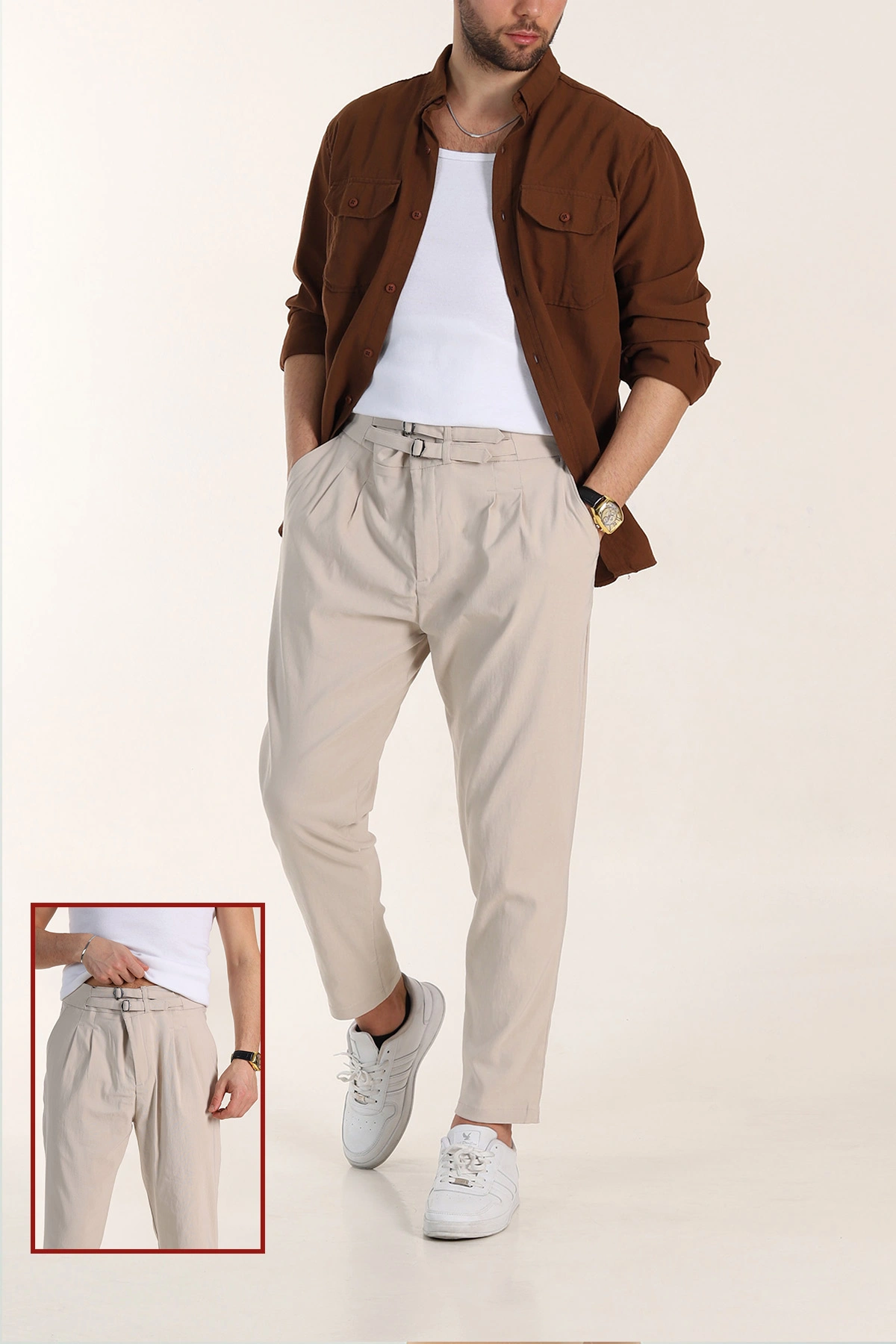 Bej Slim Fit Yüksel Bel Çift Kemer Detaylı Erkek Kumaş Pantolon 340848