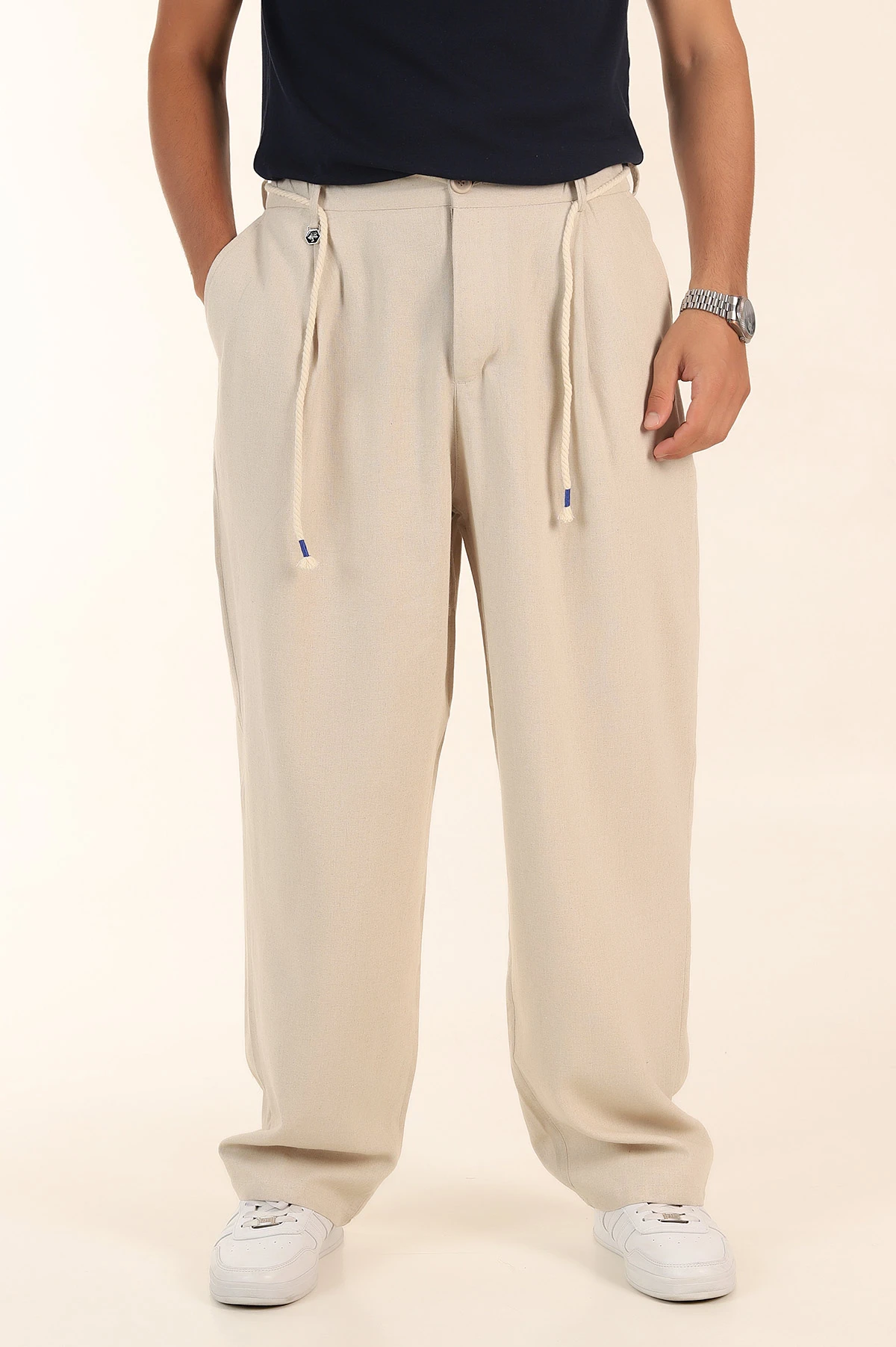 Bej Süper Baggy Keten Bel Lastikli Erkek Pantolon 380958