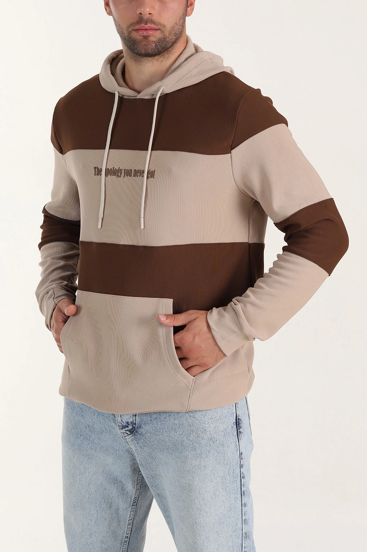 Bej Taba Cep Detaylı Yazılı Kapüşonlu Erkek Sweatshirt 396161