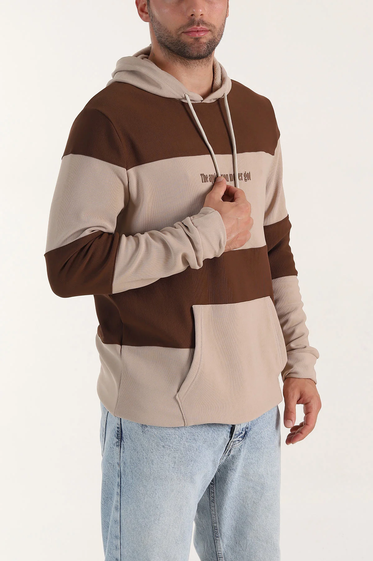 Bej Taba Cep Detaylı Yazılı Kapüşonlu Erkek Sweatshirt 396161