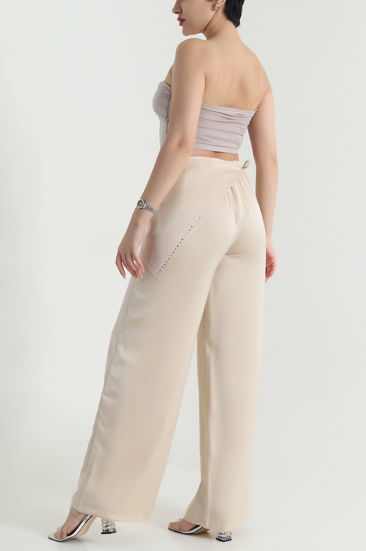 Bej Taşlı Saten Kadın Pantolon 469864