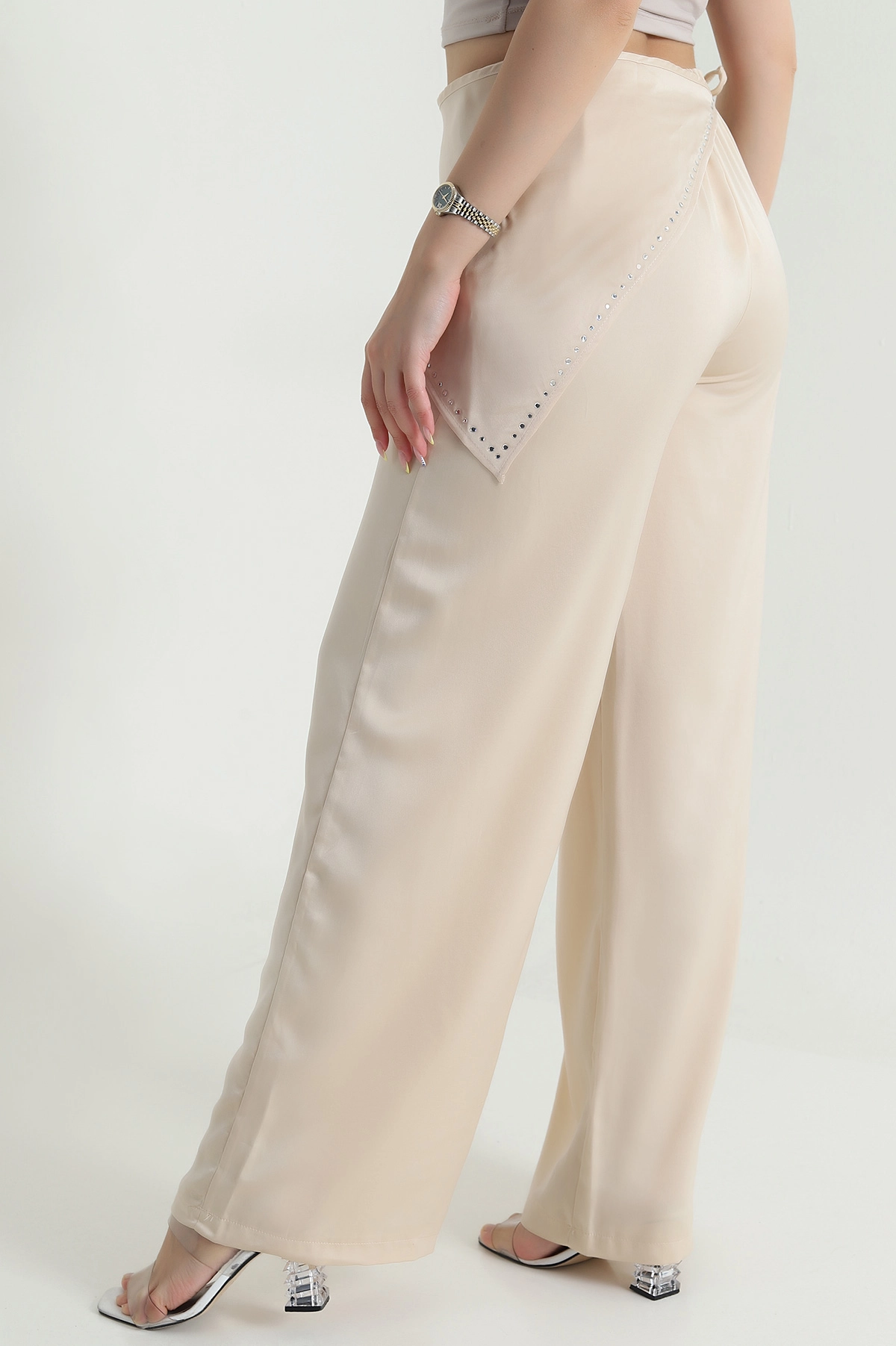 Bej Taşlı Saten Kadın Pantolon 469864