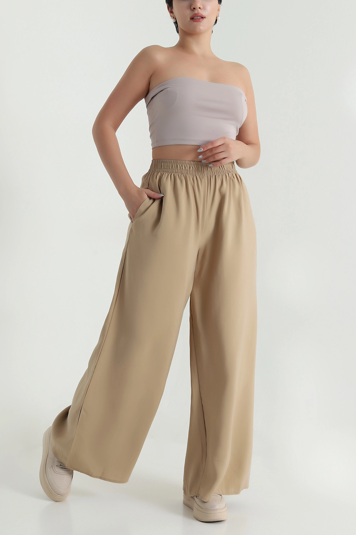 Bej Tencel Bel Lastikli Kadın Pantolon 481027