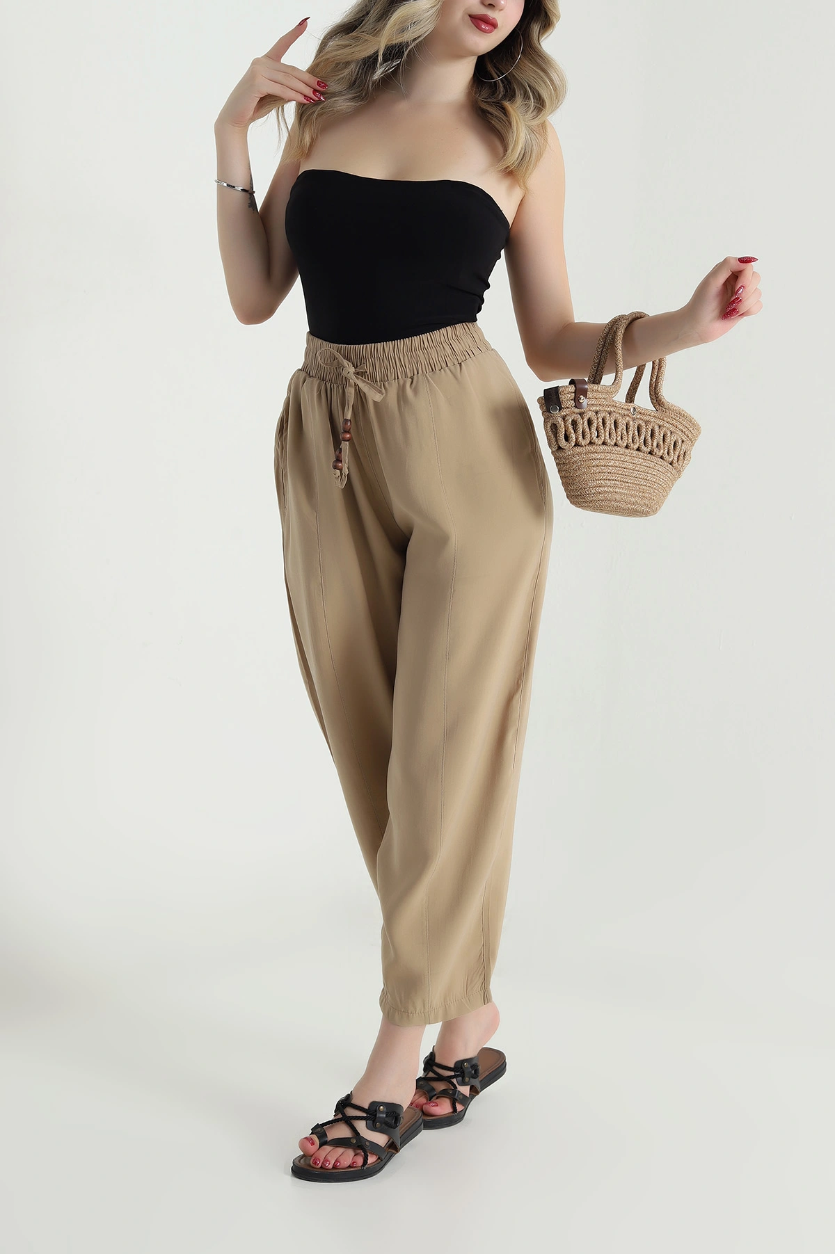 Bej Tencel Boncuklu Şalvar Kadın Pantolon 481048
