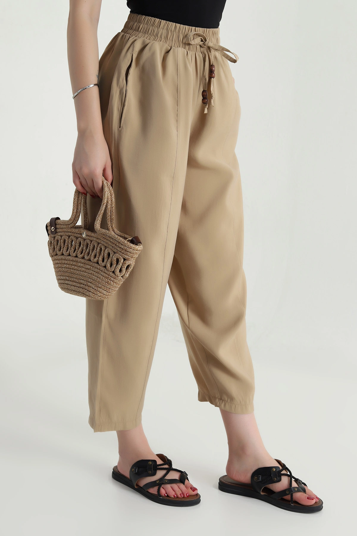 Bej Tencel Boncuklu Şalvar Kadın Pantolon 481048