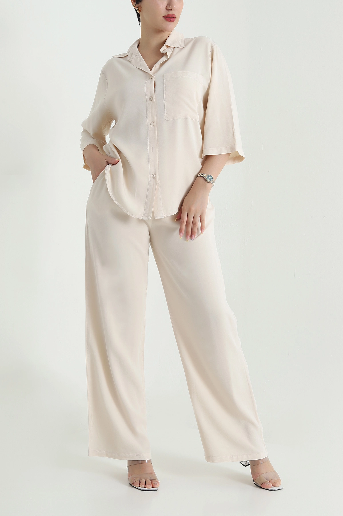 Bej Tencel Gömlek Pantolon Kadın İkili Takım 469725