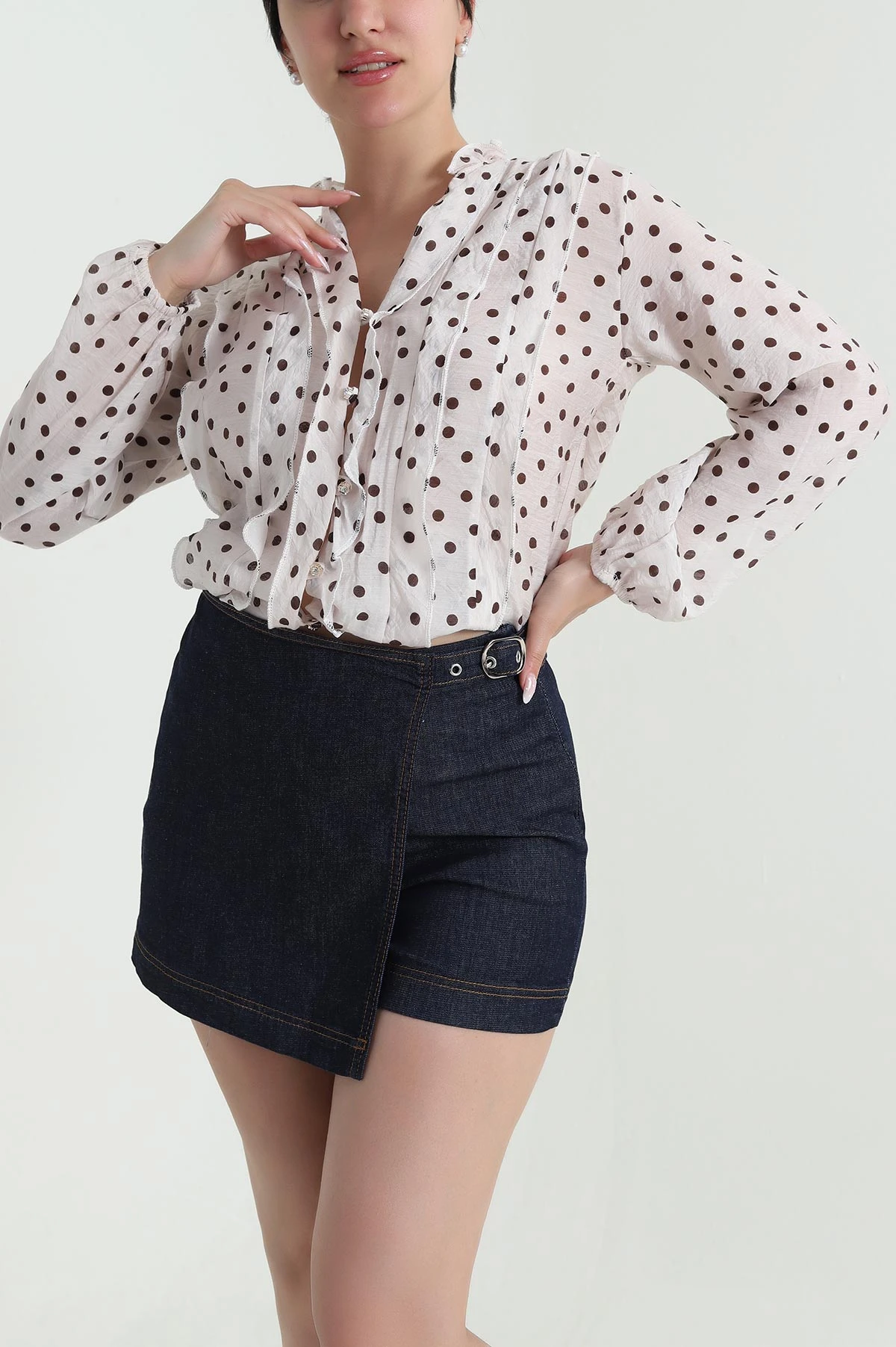 Bej Tencel Puantiyeli Kadın Gömlek 462629