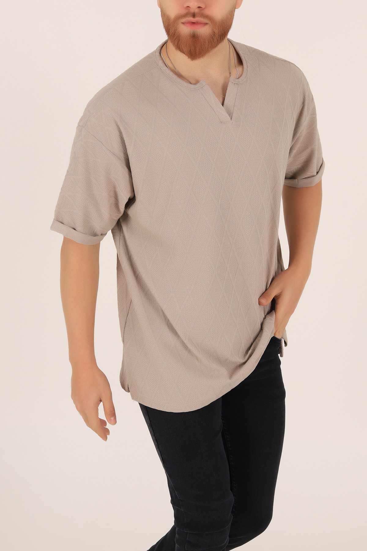 Bej Triko Dokulu Oversize Erkek Tişört 169612