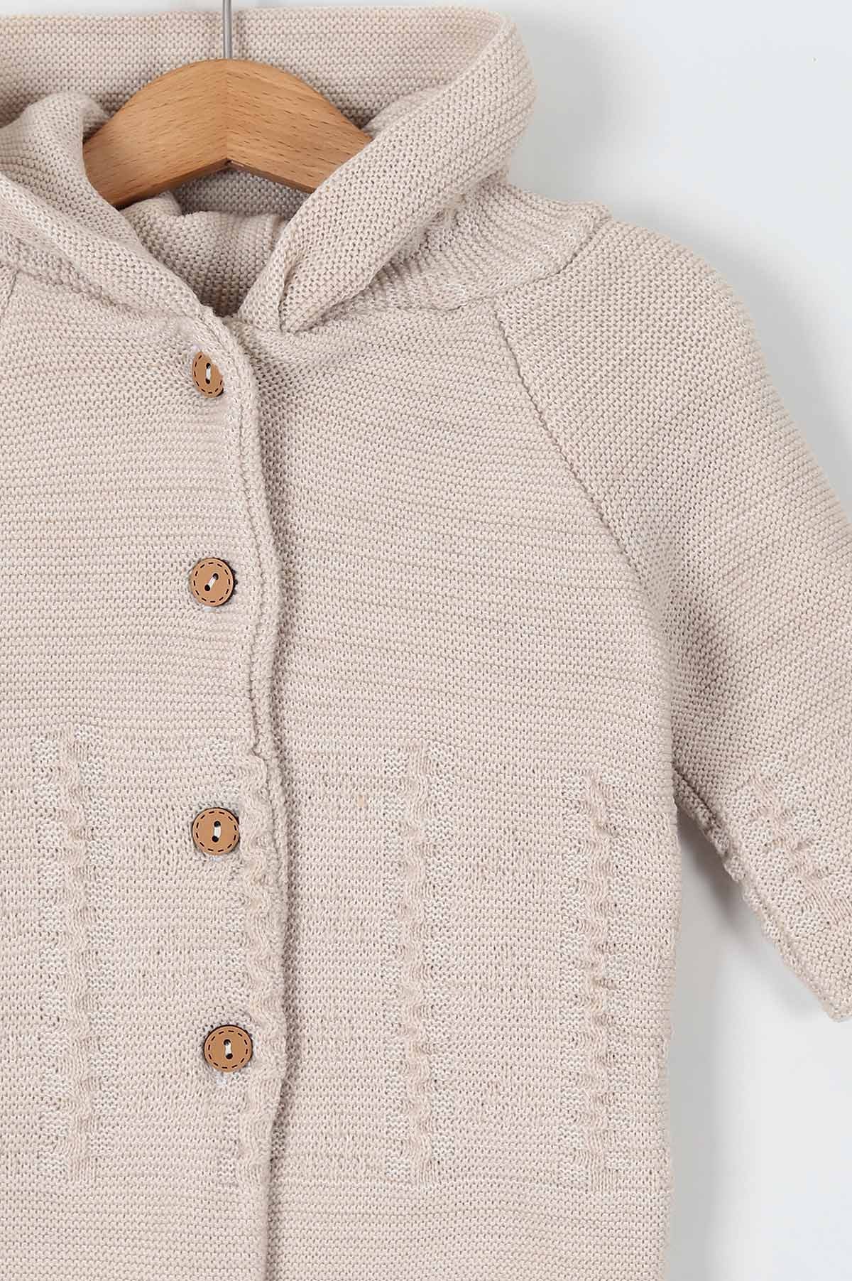 Bej Triko Kapüşonlu Düğme Detaylı Erkek Bebe Hırka 197352
