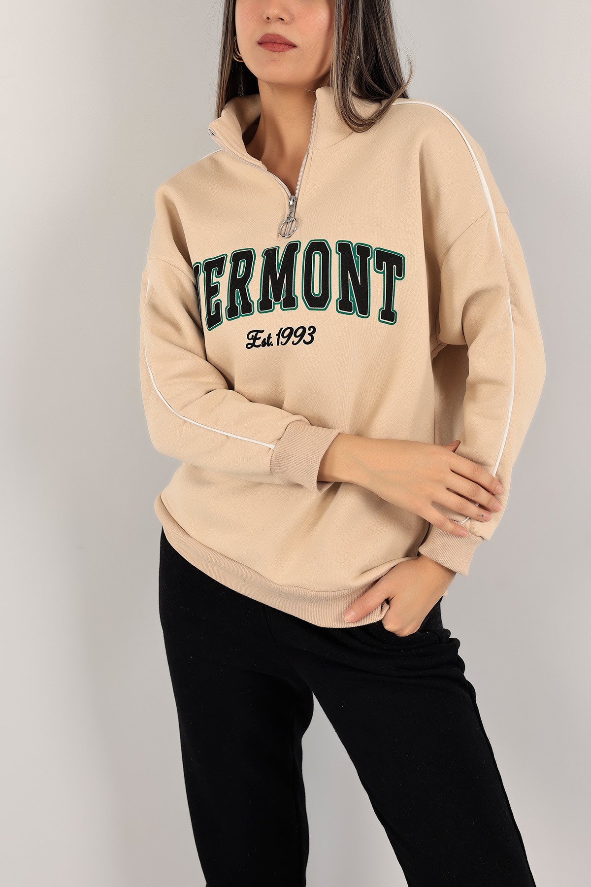 Bej Üç İp Şardonlu Bayan Sweat 143378