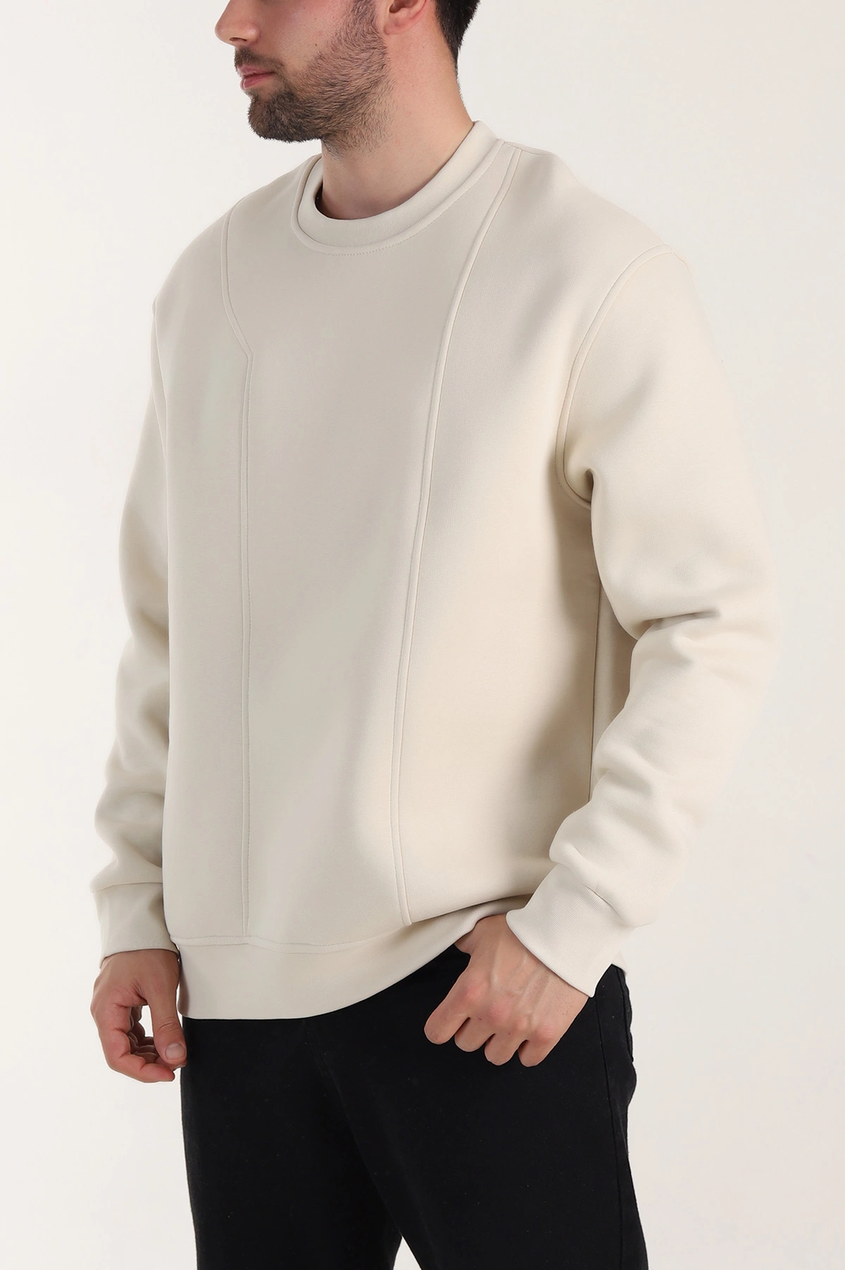 Bej Üç İp Şardonlu Bisiklet Yaka Erkek Sweatshirt 410905