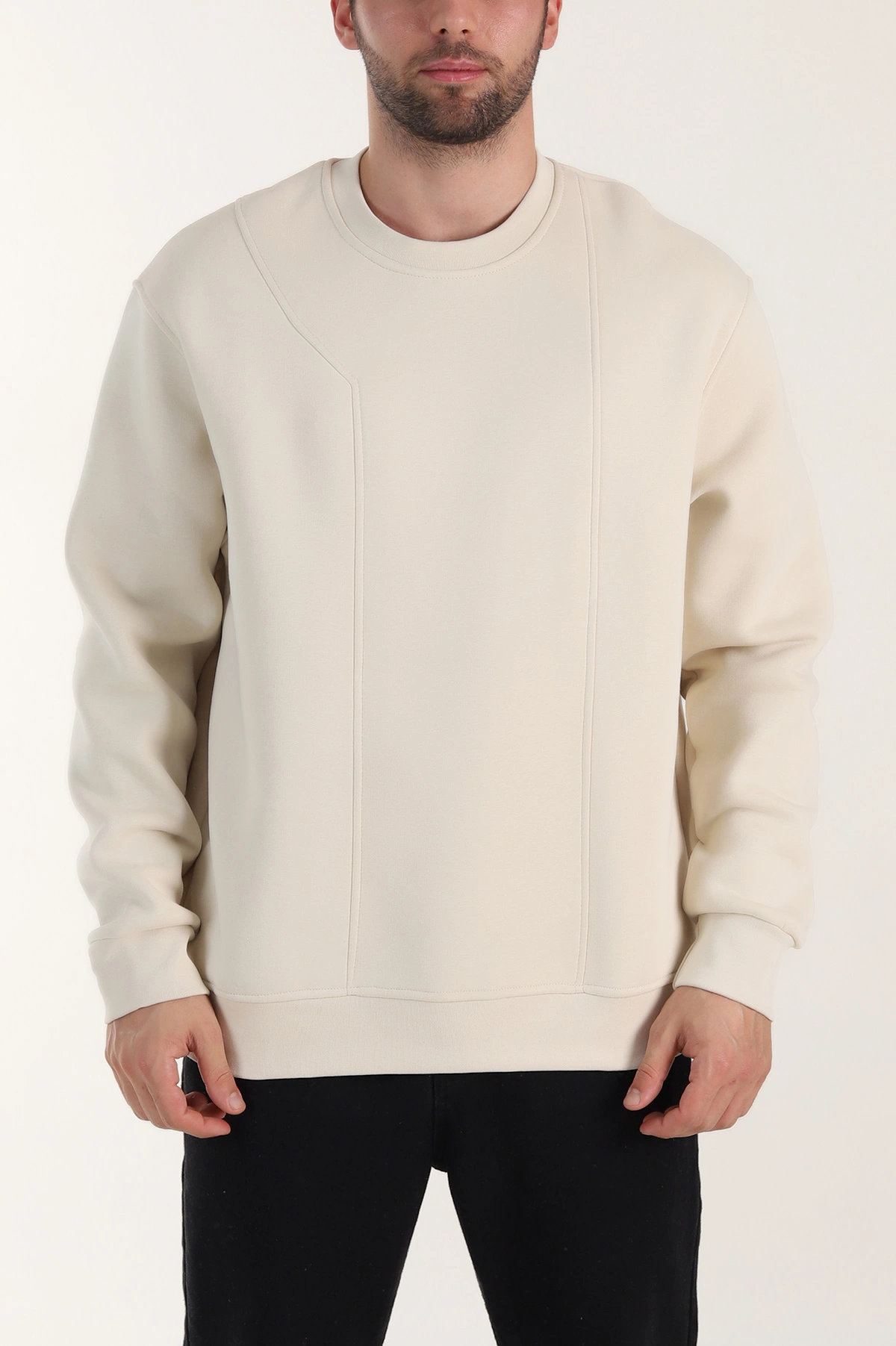 Bej Üç İp Şardonlu Bisiklet Yaka Erkek Sweatshirt 410905