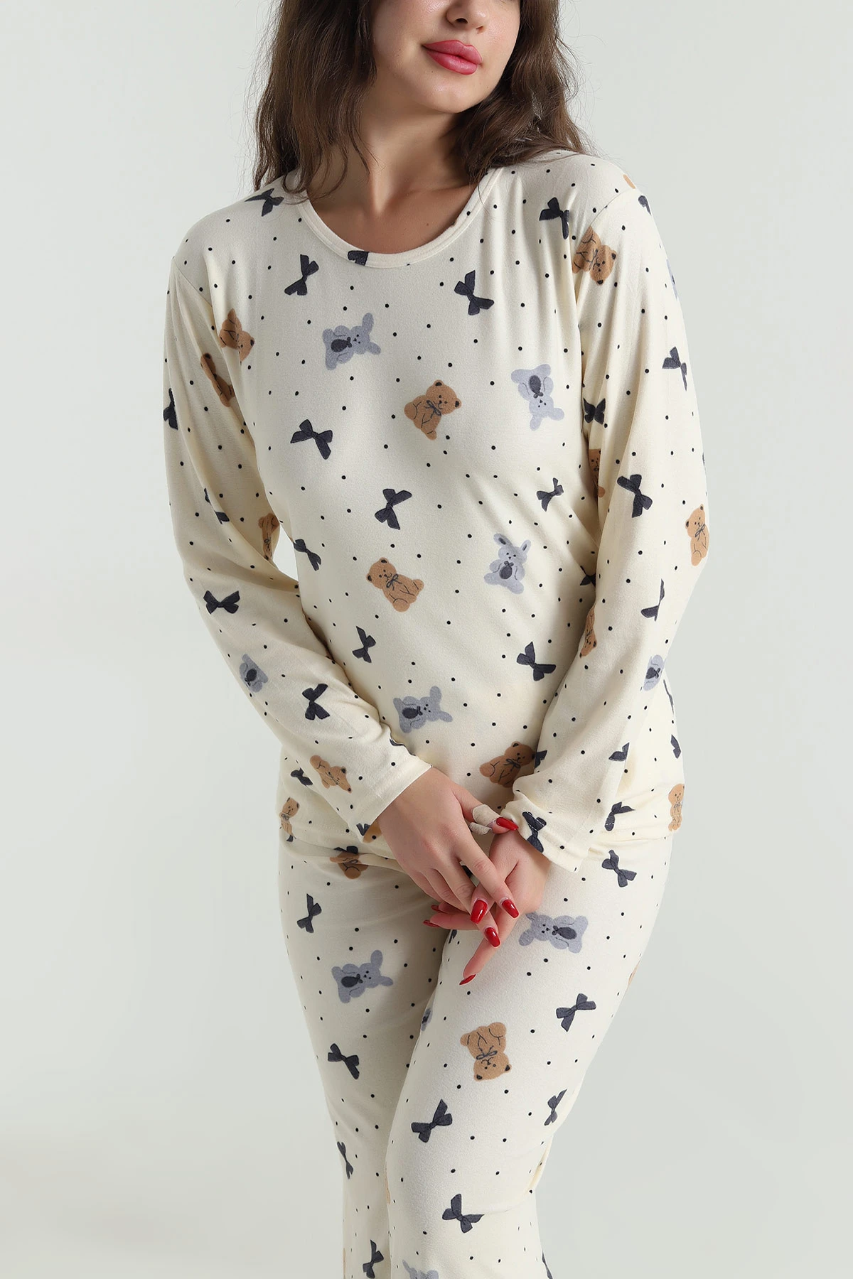 Bej Uzun Kollu Süet Kadın Pijama Takımı 499332