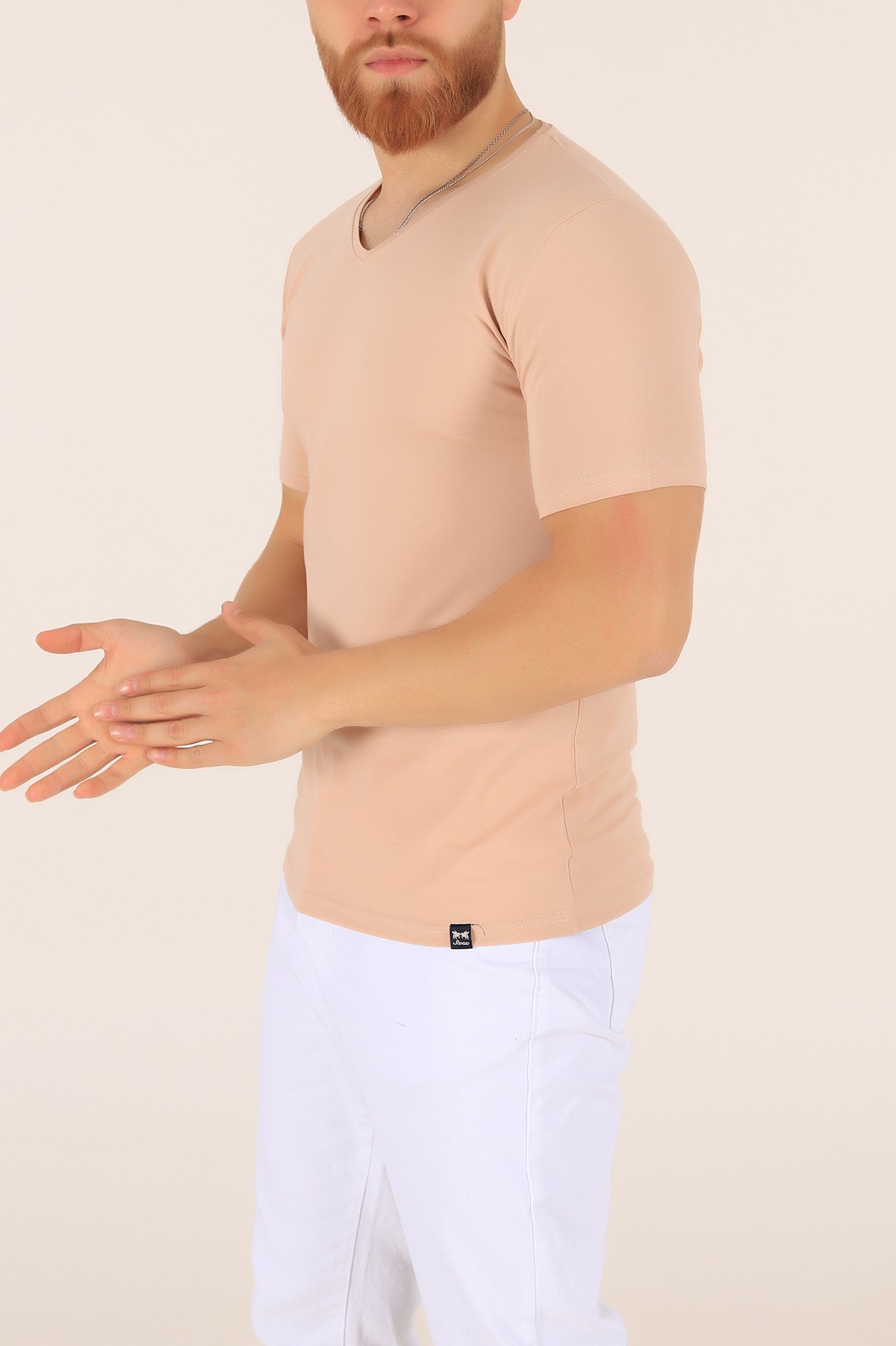 Bej V Yaka Basic Erkek Tişört 169567