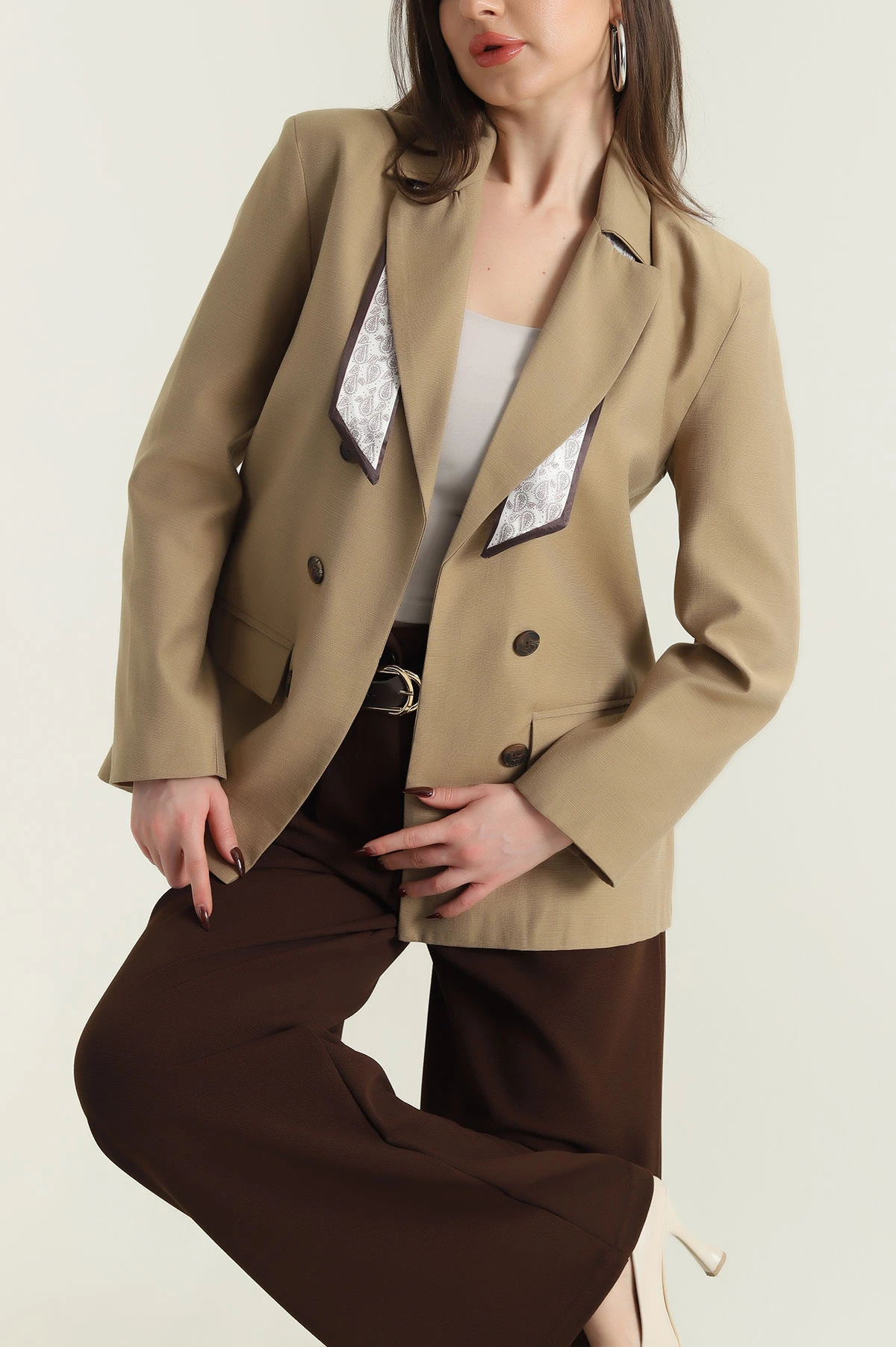 Bej Vatkalı Keten Blazer Kadın Ceket 435720