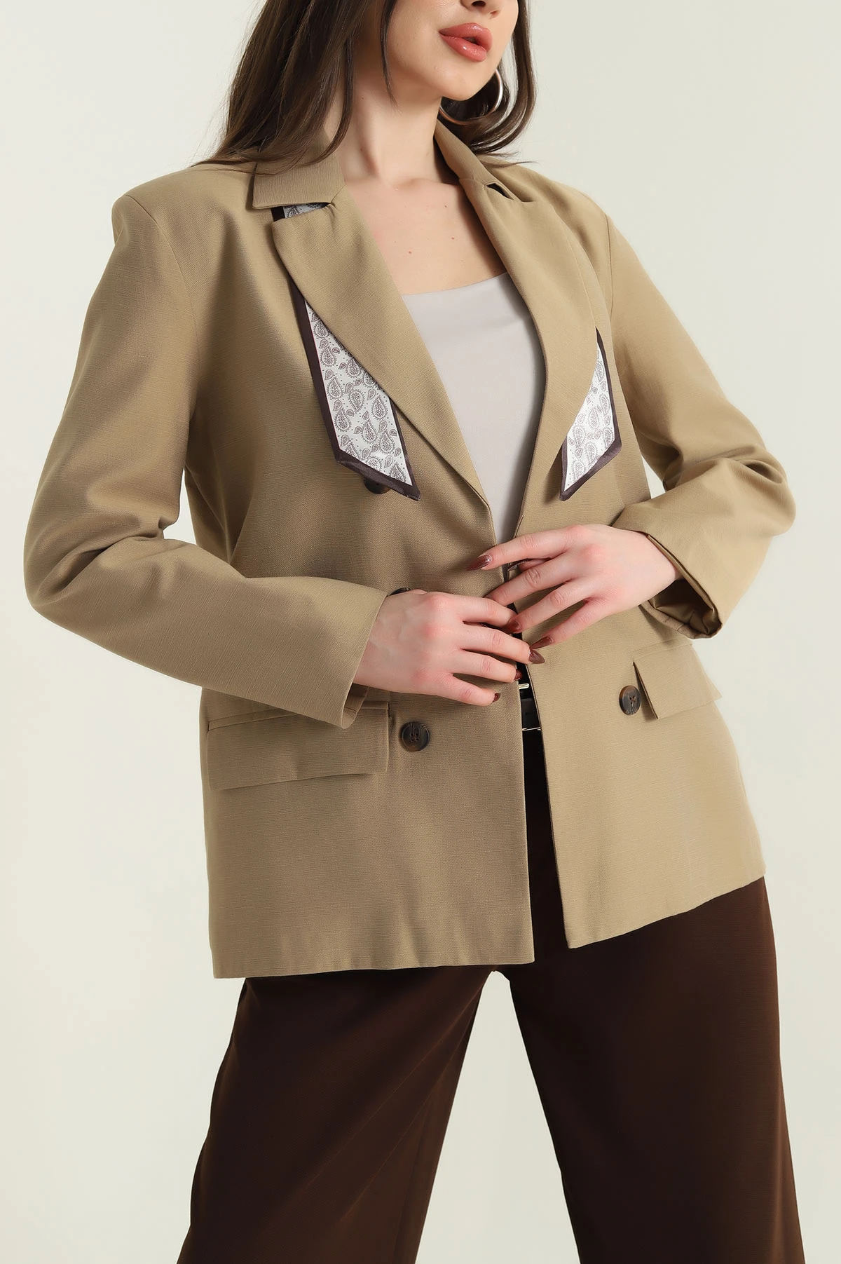 Bej Vatkalı Keten Blazer Kadın Ceket 435720