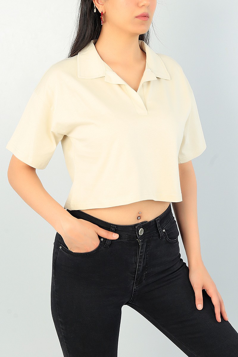 Bej Yakalı Bayan Crop Tişört 67390
