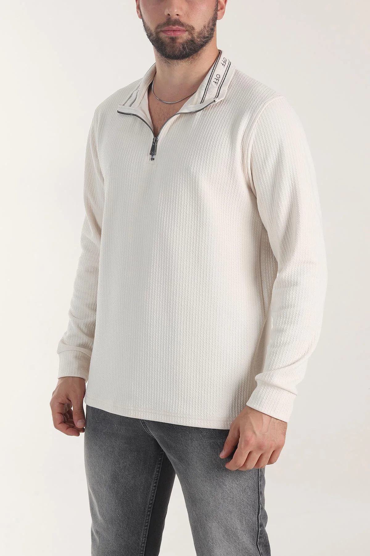 Bej Yarım Fermuarlı Dokulu Dik Yaka Erkek Sweatshirt 406934