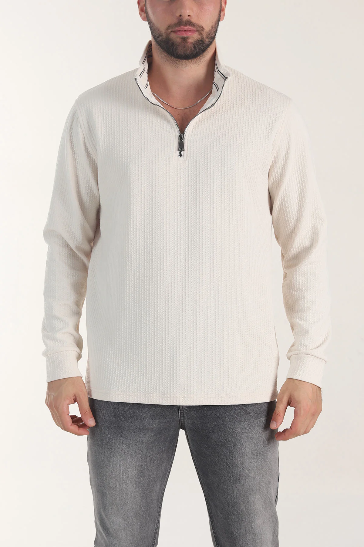 Bej Yarım Fermuarlı Dokulu Dik Yaka Erkek Sweatshirt 406934