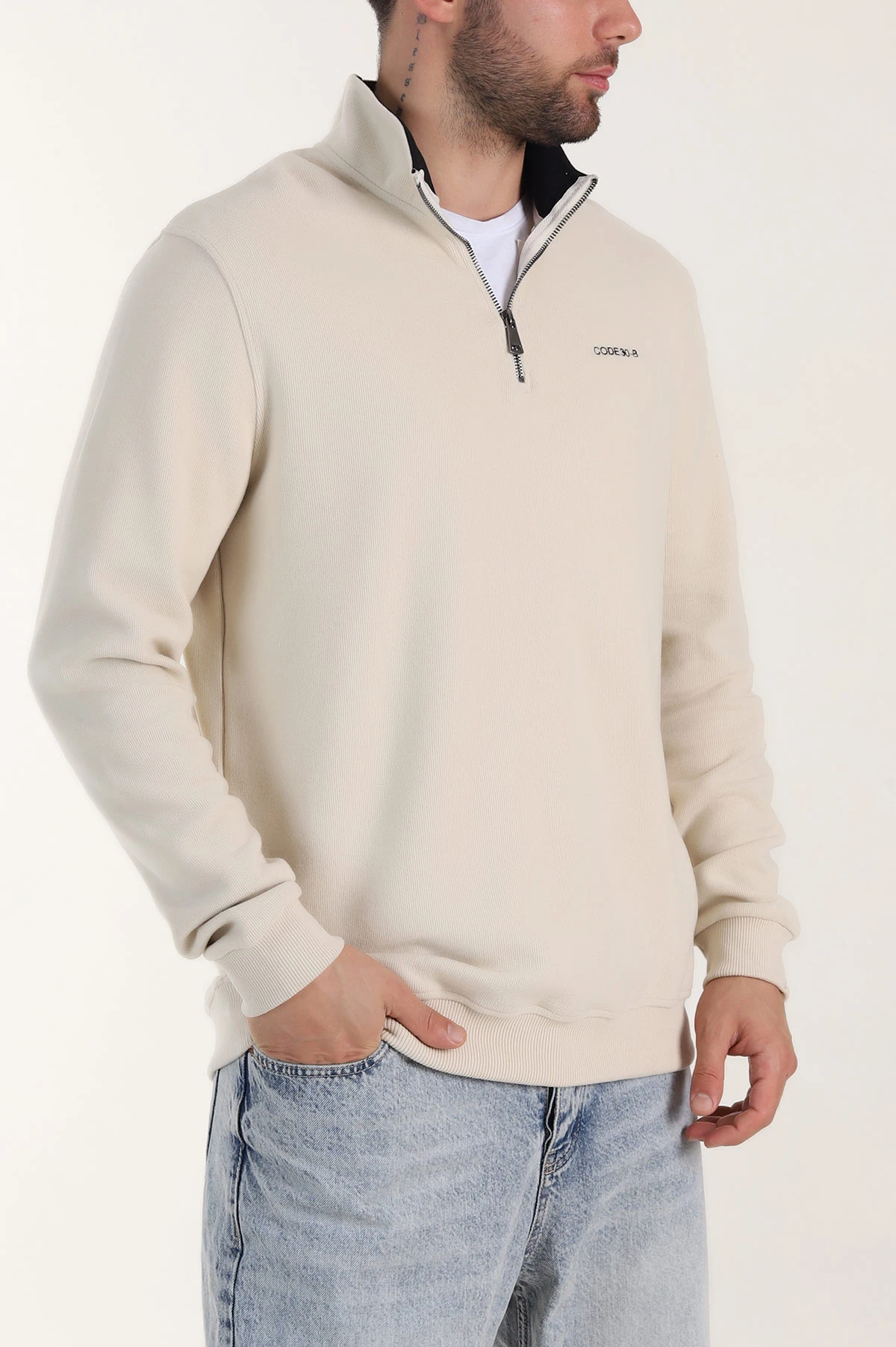 Bej Yarım Fermuarlı Polo Yaka Erkek Sweatshirt 410877