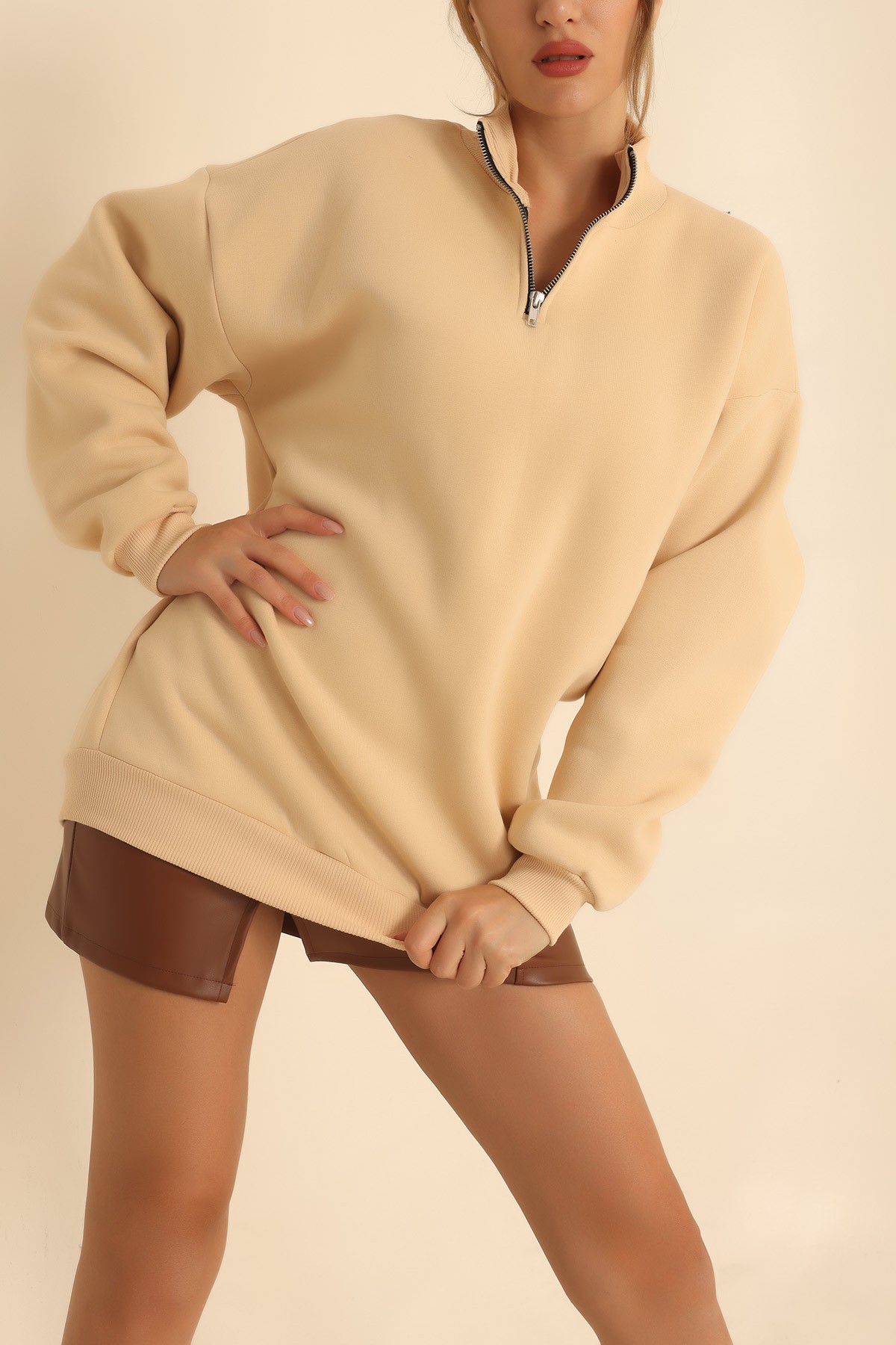 Bej Yarım Fermuarlı Şardonlu Bayan Sweat 219658