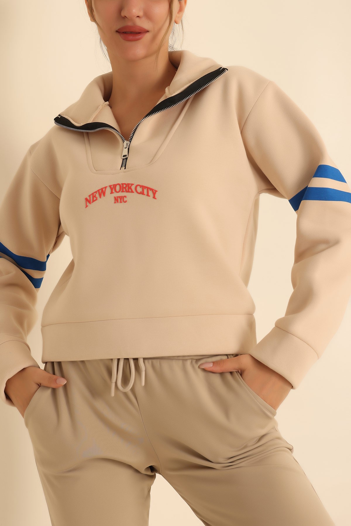 Bej Yarım Fermuarlı Şardonlu Sweat 219368