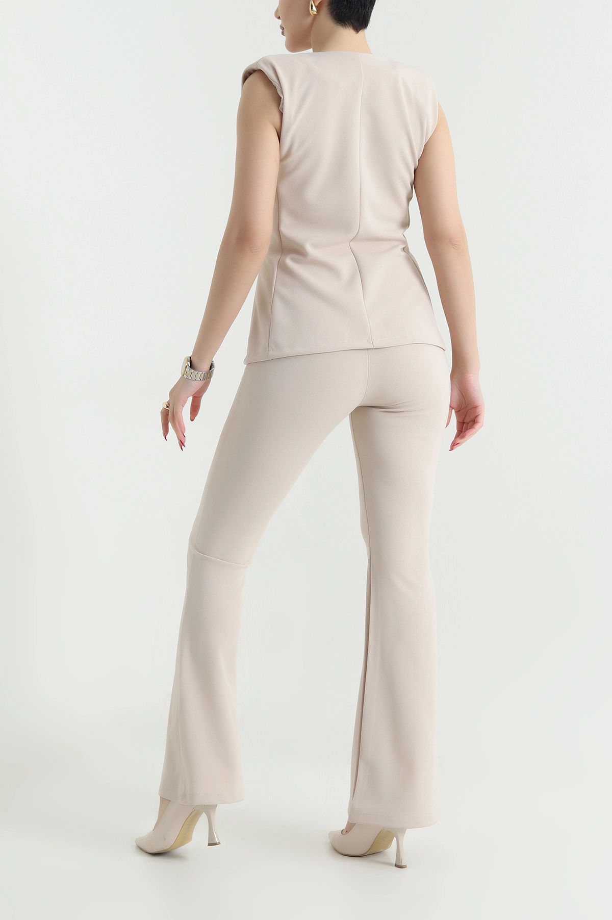 Bej Yelek Pantolon Crep Kadın İkili Takım 441109