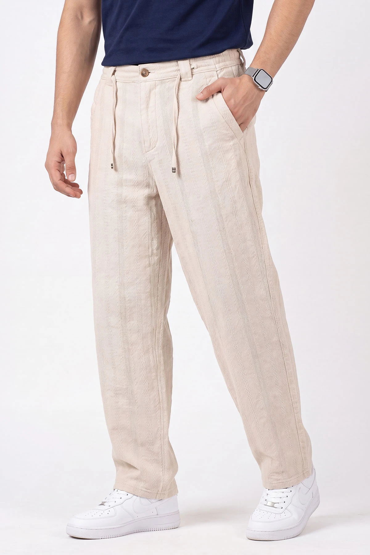 Bej Yeni Sezon Keten Baggy Belden Bağlamalı Erkek Pantolon 471912