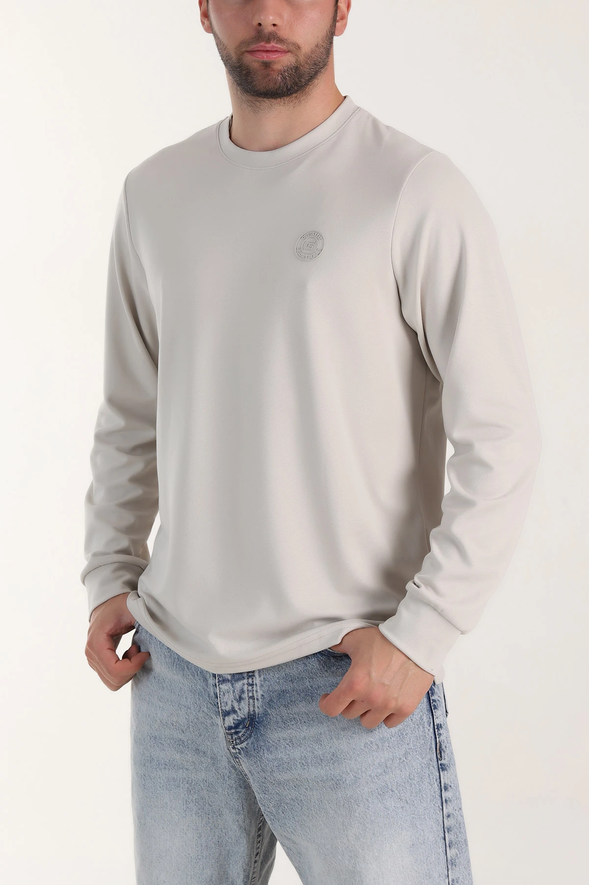 Bej Yırtmaçlı Bisiklet Yaka Erkek Sweatshirt 410637