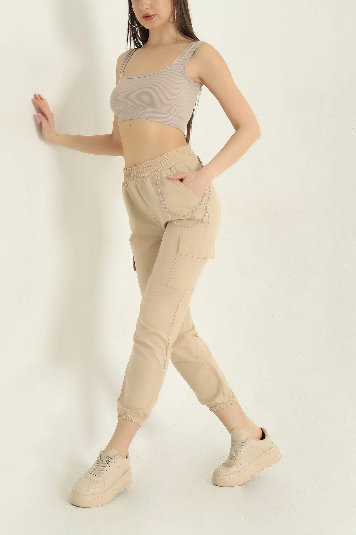 Bej Zincirli Kargo Cep Kadın Jogger Pantolon 356941