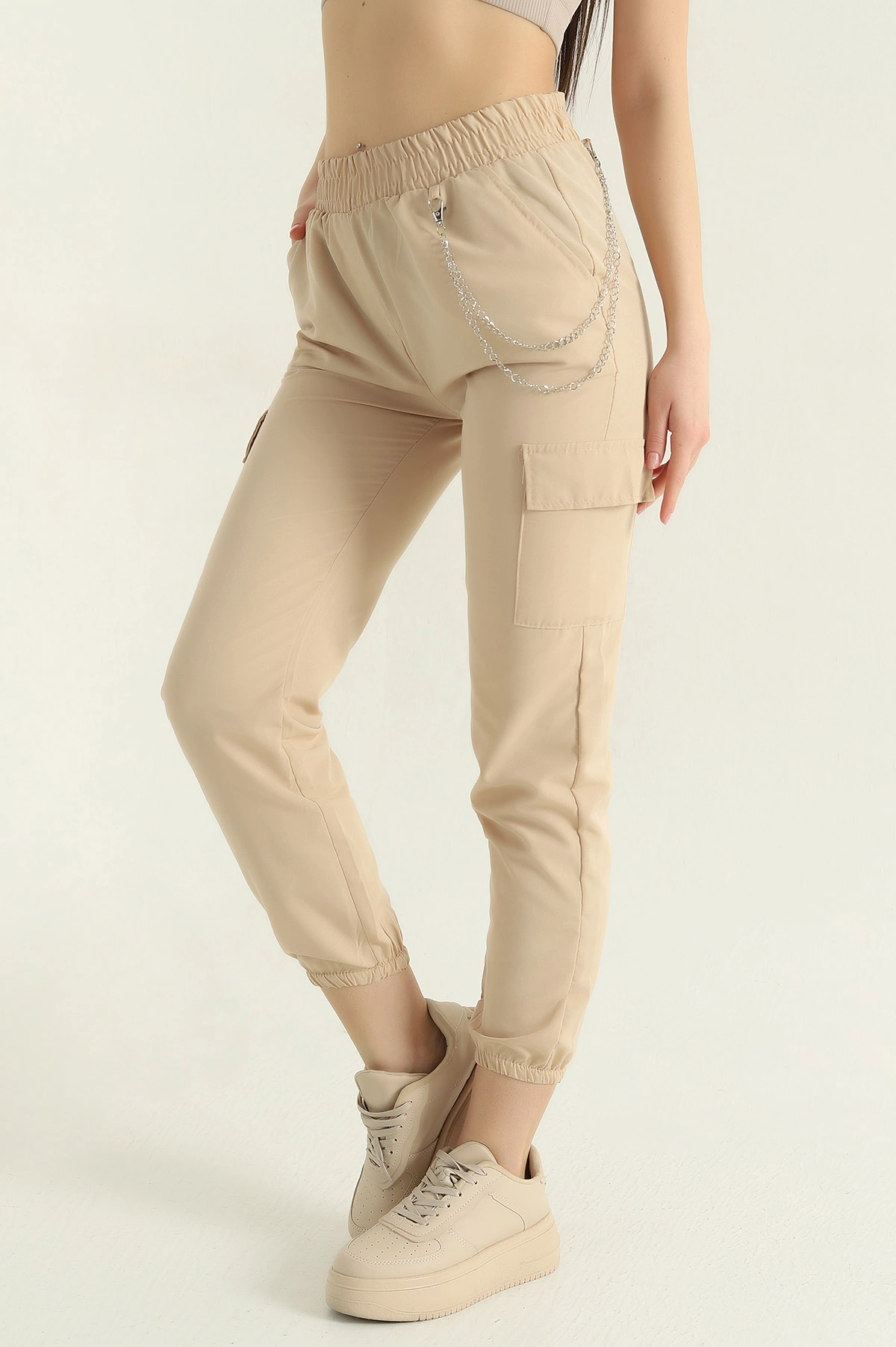 Bej Zincirli Kargo Cep Kadın Jogger Pantolon 356941