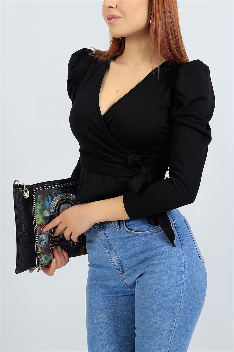 Belden Bağlamalı Likralı Siyah Bluz 23888B