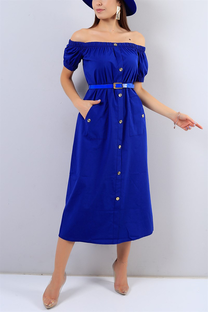 Belden Bağlamalı Mavi Elbise 16719B