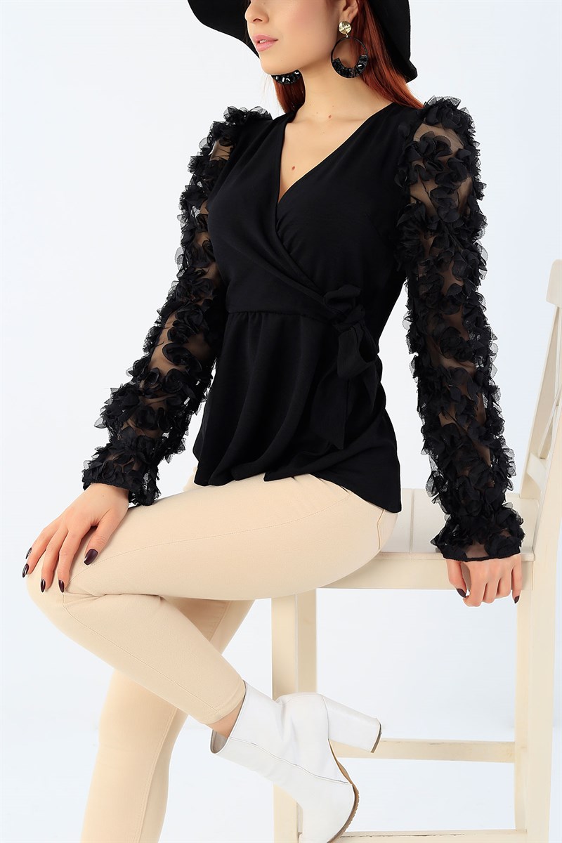 Belden Bağlamalı Siyah Bluz 27783B