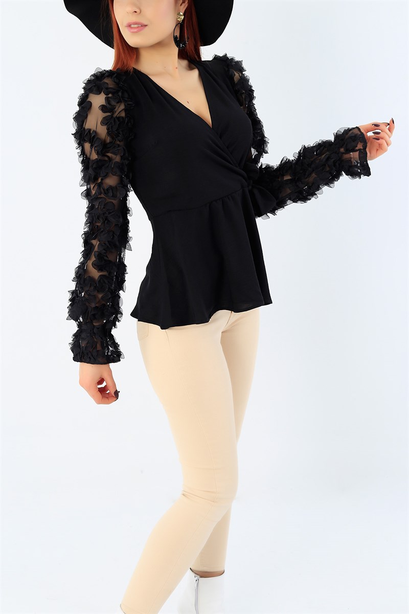 Belden Bağlamalı Siyah Bluz 27783B