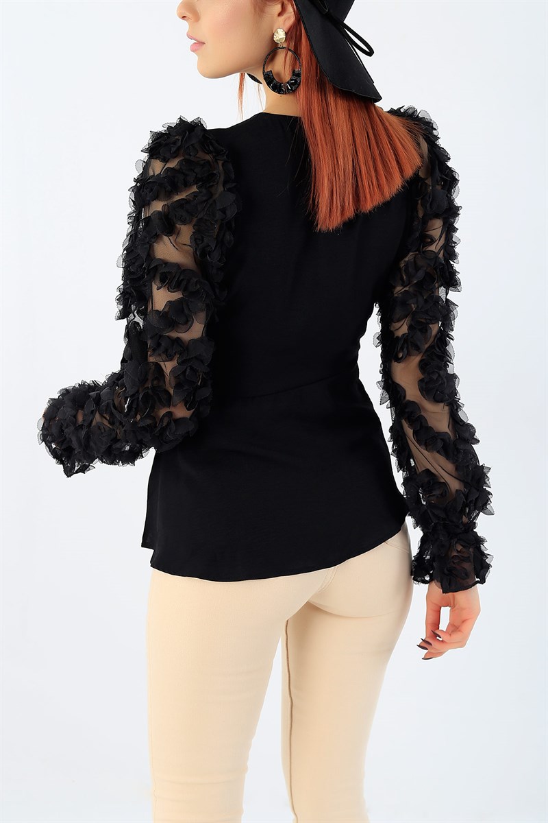 Belden Bağlamalı Siyah Bluz 27783B