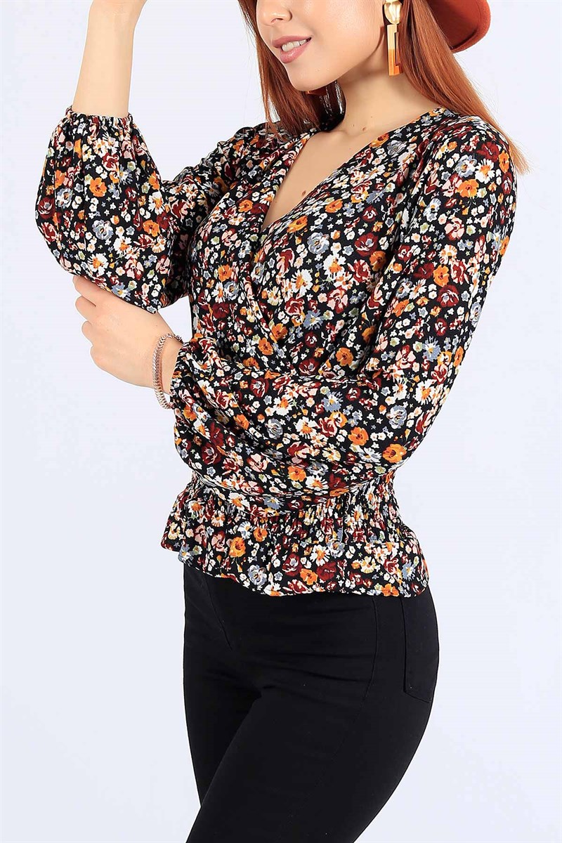 Beli Gipeli Çiçek Desen Siyah Bluz 24923B