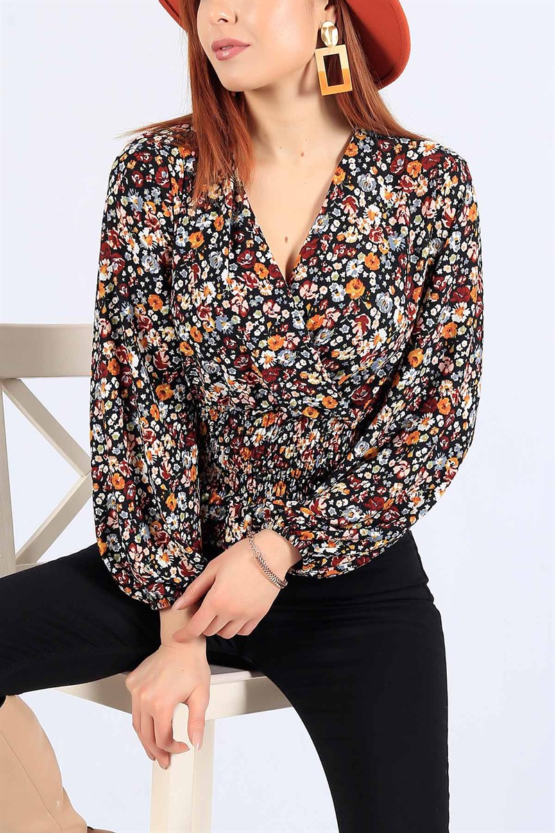Beli Gipeli Çiçek Desen Siyah Bluz 24923B