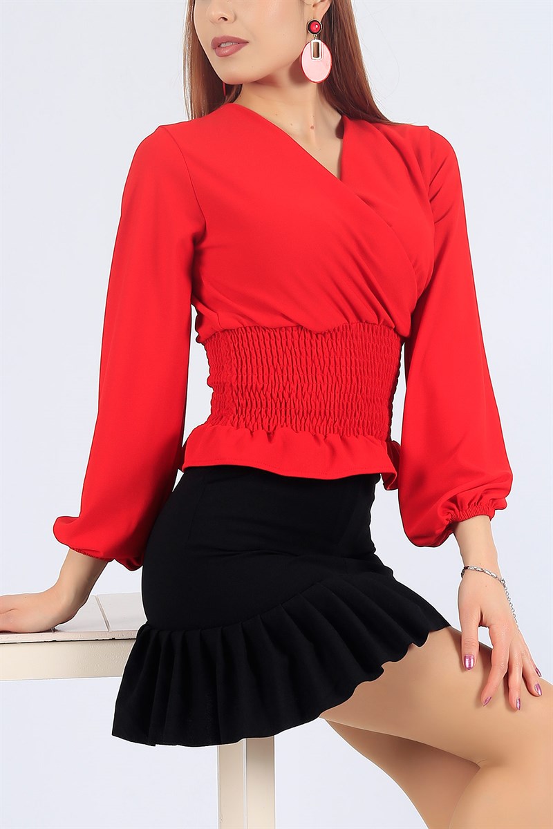 Beli Gipeli Likralı Kırmızı Bluz 26410B