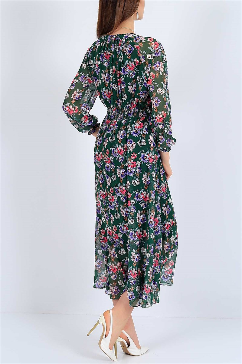 Beli Gipeli Yeşil Çiçek Desen Şifon Elbise 26033B