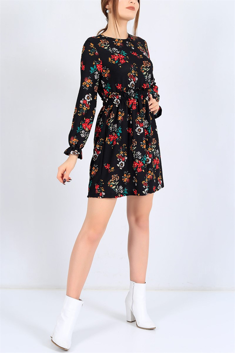Beli Lastikli Desenli Elbise 25116B