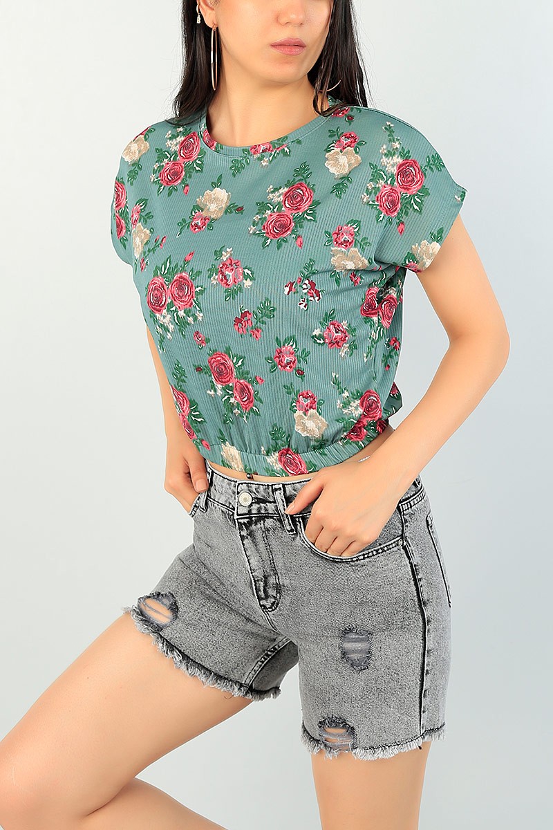 Beli Lastikli Desenli Yeşil Bluz 70577